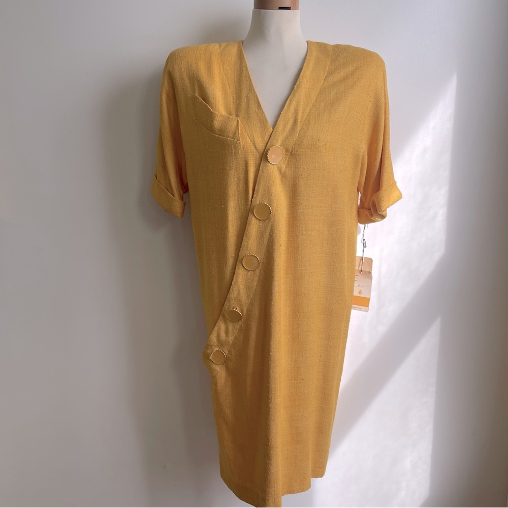 NWT Chetta B Vintage 80s STUNNING Yellow Raw Silk Button Down Dress Dolman 6
